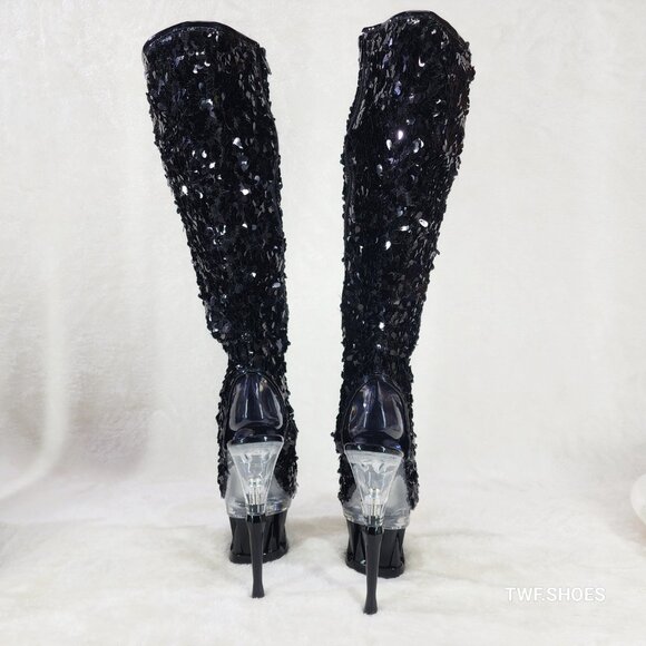 Pleaser Spiky Black Sequin Knee Boots Spiked Design Platform - Picture 6 of 12